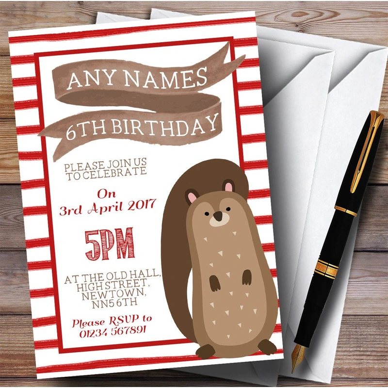 Red Stripes Squirrel Childrens Birthday Party Invitations