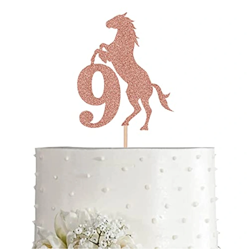 Rose Horse 9 Cake Topper, Rose Gold Glitter Horse Happy 9th Birthday Decoration