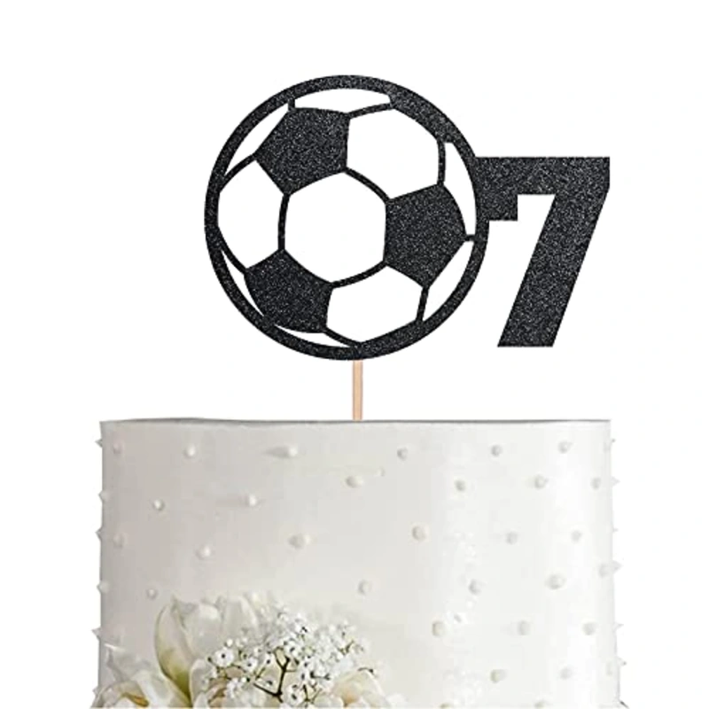 Soccer 7th Birthday Cake Topper Black Glitter Sport Boy Girl 7 Years Birthday Party Supplies, Decorations